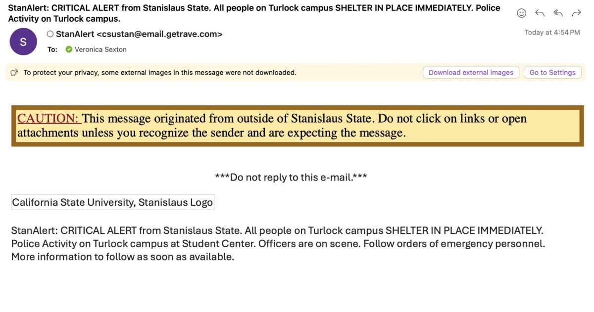 Screenshot of shelter in place alert from Stan State